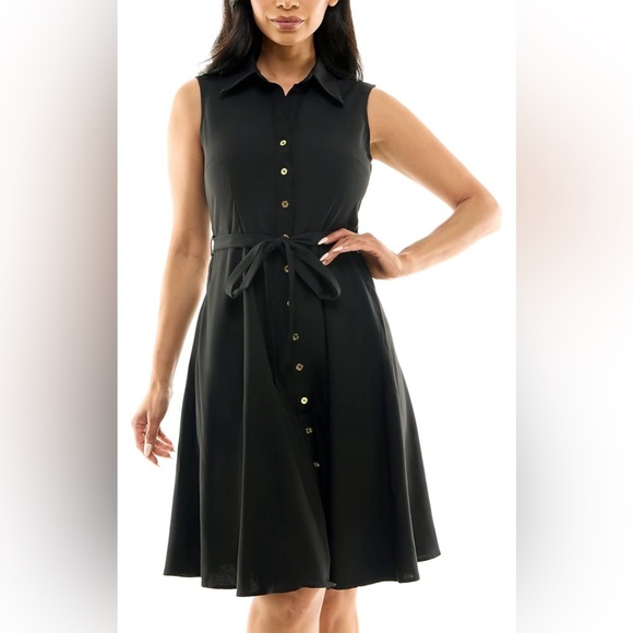 Sharagano Black Sleeveless Shirt Dress Belted Button Front Size 10 - Picture 1 of 7